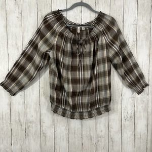 St Johns Bay Brown Plaid Boatneck Long Sleeve Shirt Size: Large
